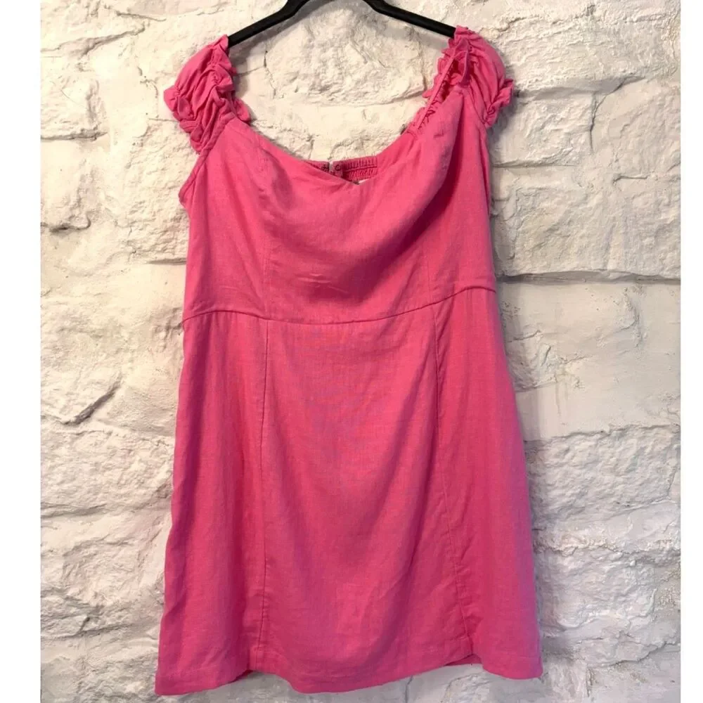 NWT Abercrombie & Fitch Pink Linen Blend Ruffle Sleeve Mini Dress Coquette Lg - Picture 2 of 5